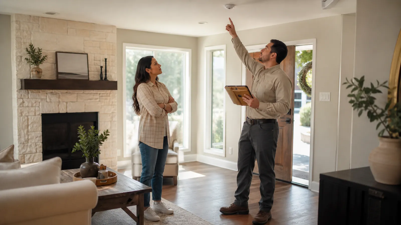 Host and inspector reviewing a ceiling smoke alarm in a limestone-accented Texas living room